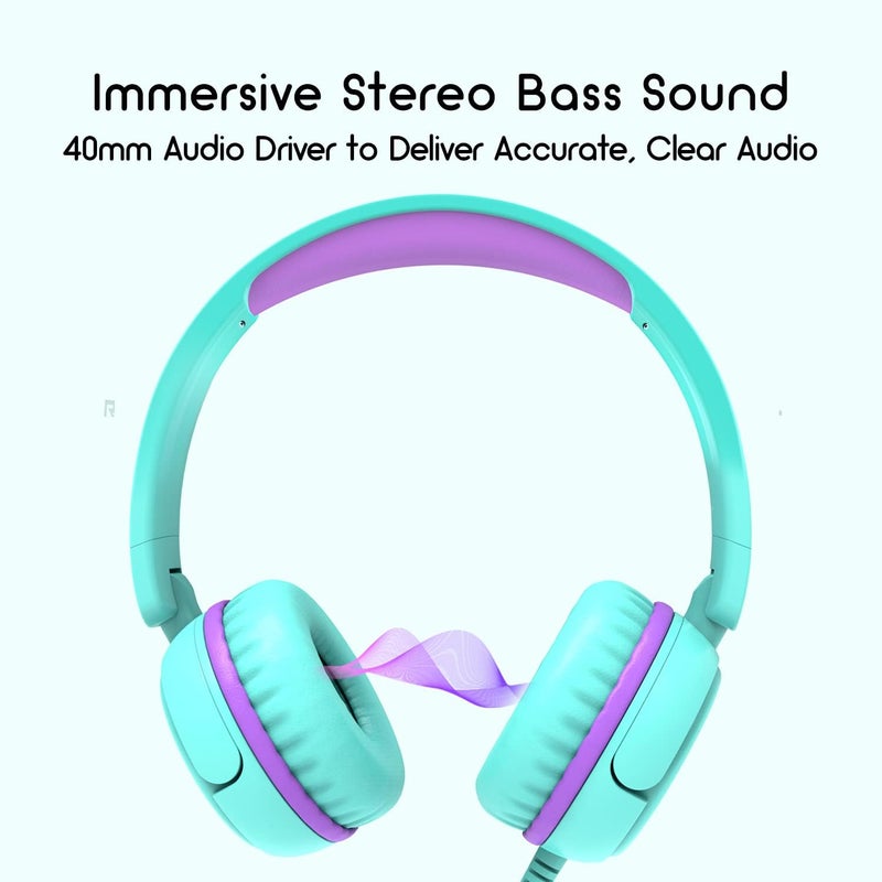 IMYB V1 Kids Headphones, Wired Stereo Foldable Tangle-Free 3.5mm Adjustable On-Ear Headphones for Kids for School/Toddlers/Childrens/Teens/Boys/Girls/Ipad/Tablet/Kindle/Phones/Travel/Plane (Green) - Image 3